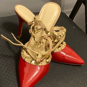 BCBGMaxAzria Red and Tan Heels with Gold Studs